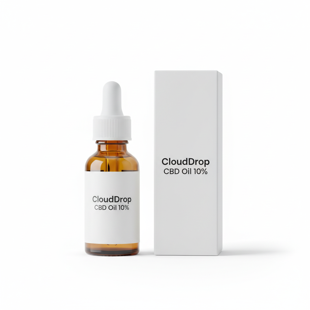 CloudDrop CBD Olie 10% flesje met doos, witte achtergrond